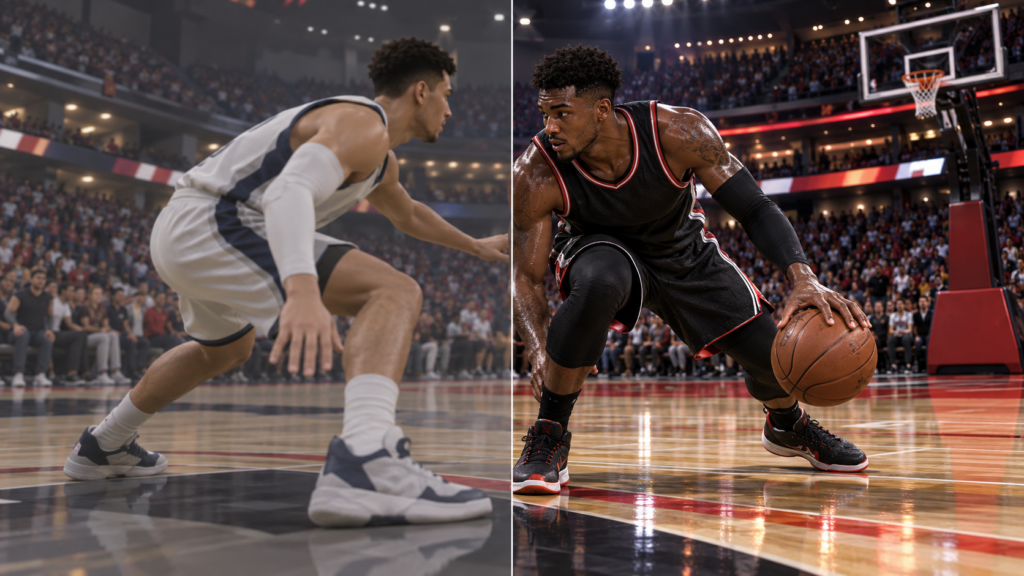 Partida de basquete em videogame comparando renderização comum e neural